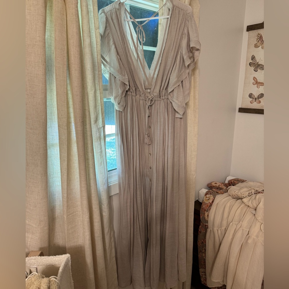 Gray Plunge Neck / Open Back Maxi Dress